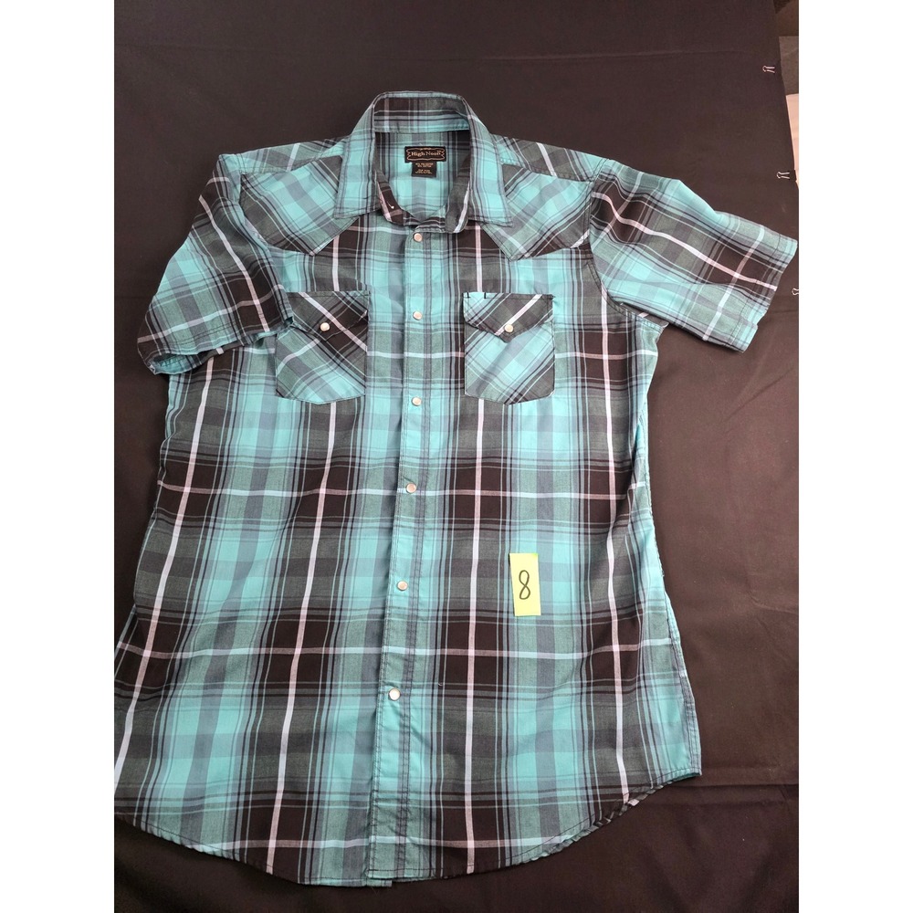 High Noon Mens Western Pearl Snap Shirt Teal Black Plaid Short Sleeve  LT